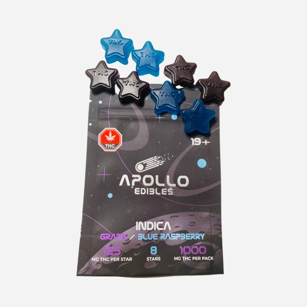 Weed gummies shooting star THC edibles. Indica. Grape and blue raspberry marijuana edibles weed candy.