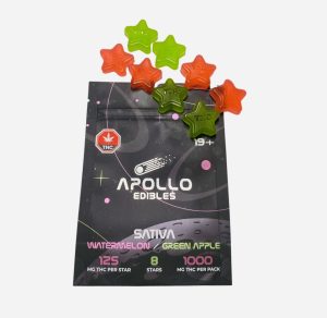 Buy edibles online from Apollo edibles at Kush Station online dispensary. Watermelon and green apple THC gummies sativa strain.