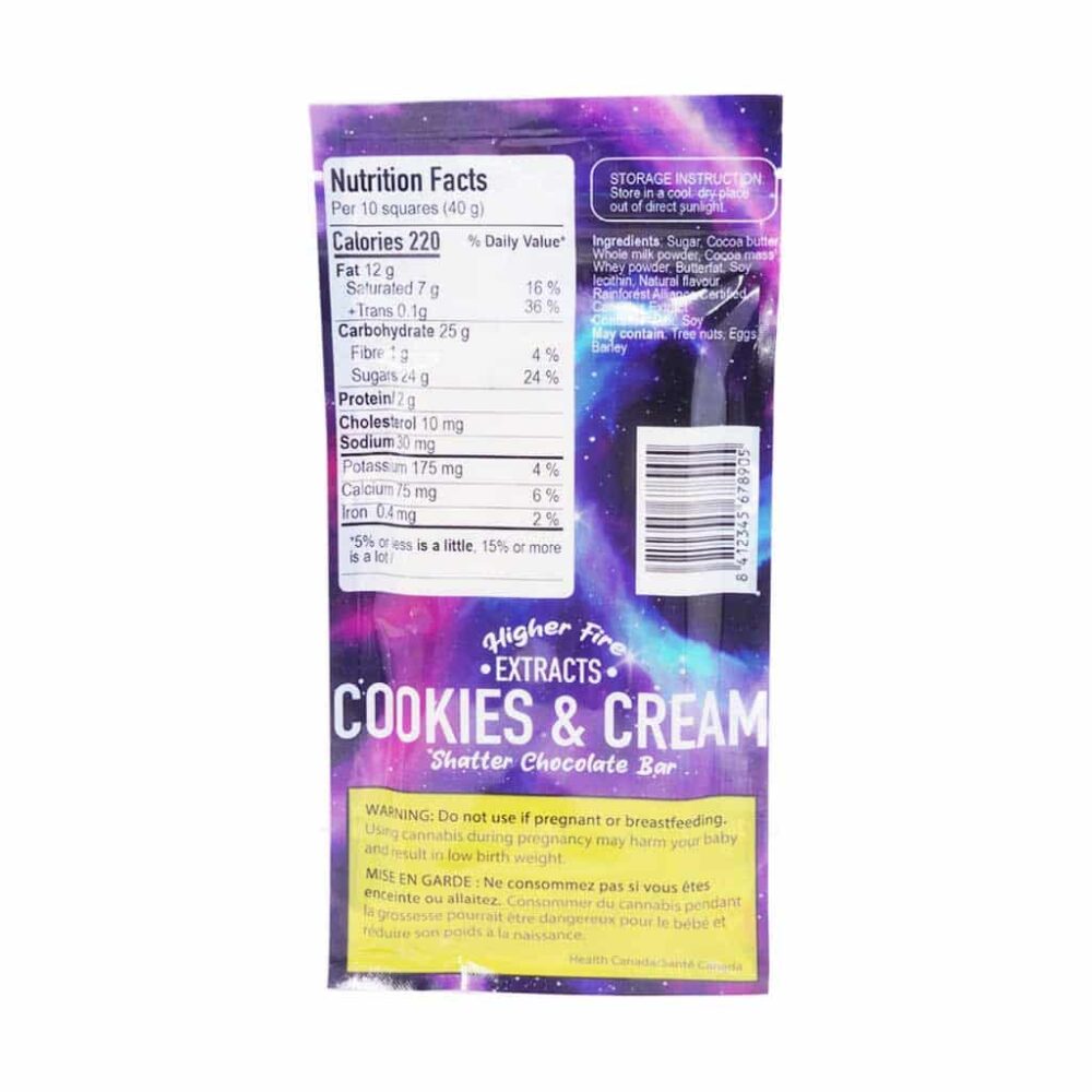 Alternative view of Higher Fire Extracts - Shatter Chocolate Bar - Cookies & Cream 2000mg THC (Indica)