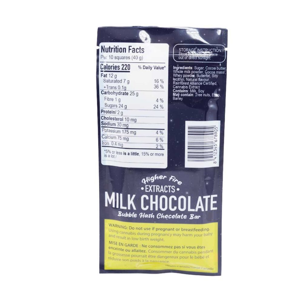 Buy Higher Fire Extracts - Bubble Hash Chocolate Bar - Milk 2000mg THC at Kush Station Online Shop